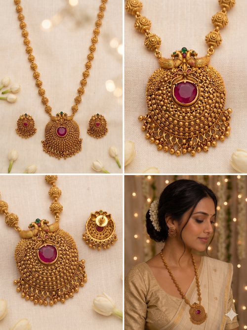 Haaram Ruby Mayura Antique Long Necklace Set with Matching Earrings