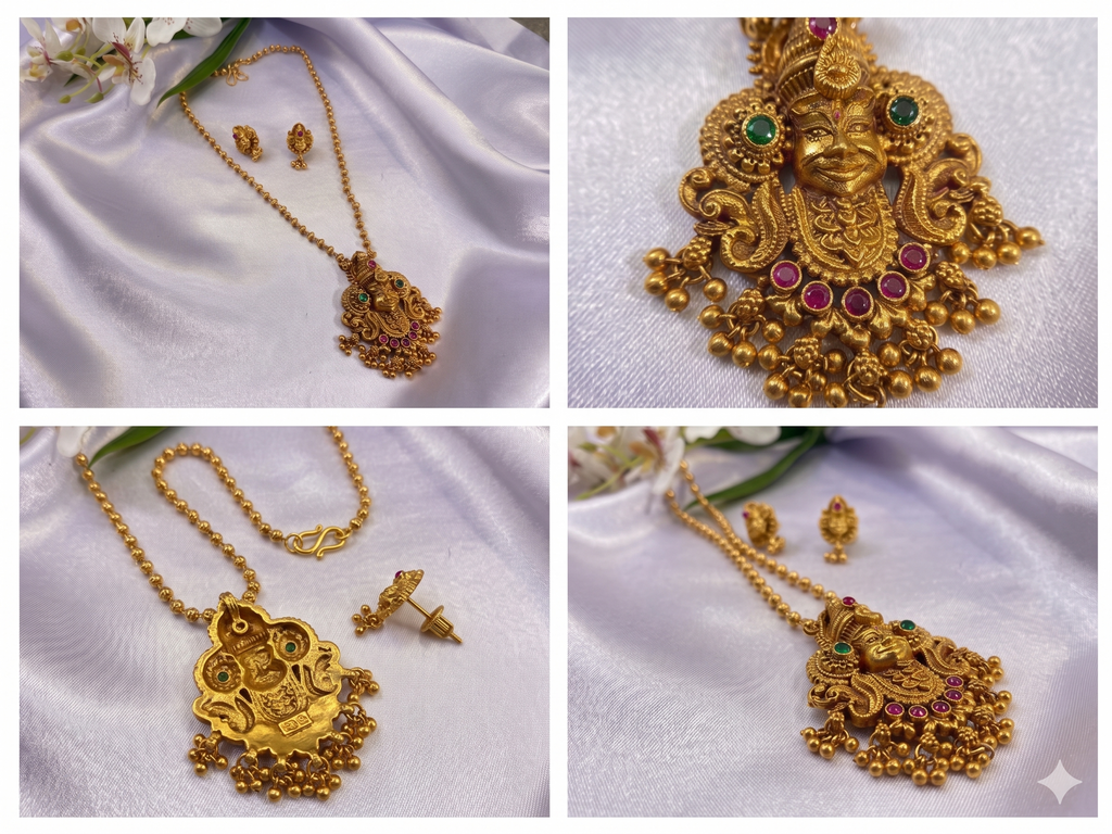 Haaram Antique Matte Gold Lakshmi Pendant Long Necklace Set with Earrings