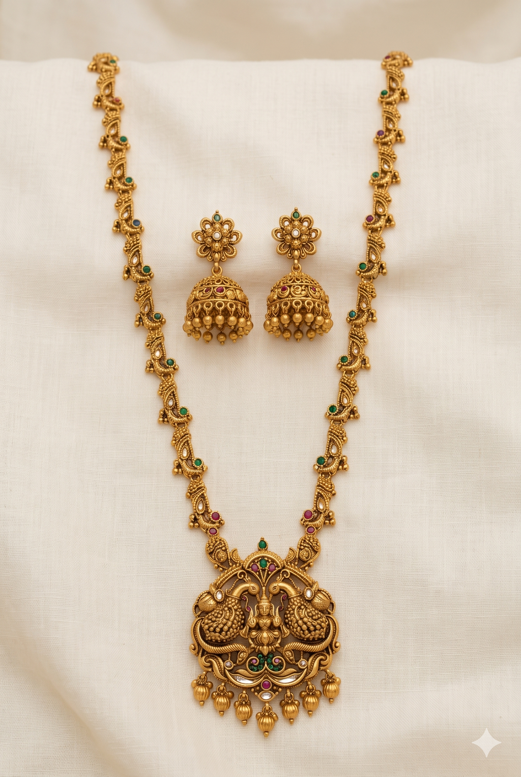 Royal Peacock Temple Haaram Traditional Bridal Long Necklace Set with Jhumkas