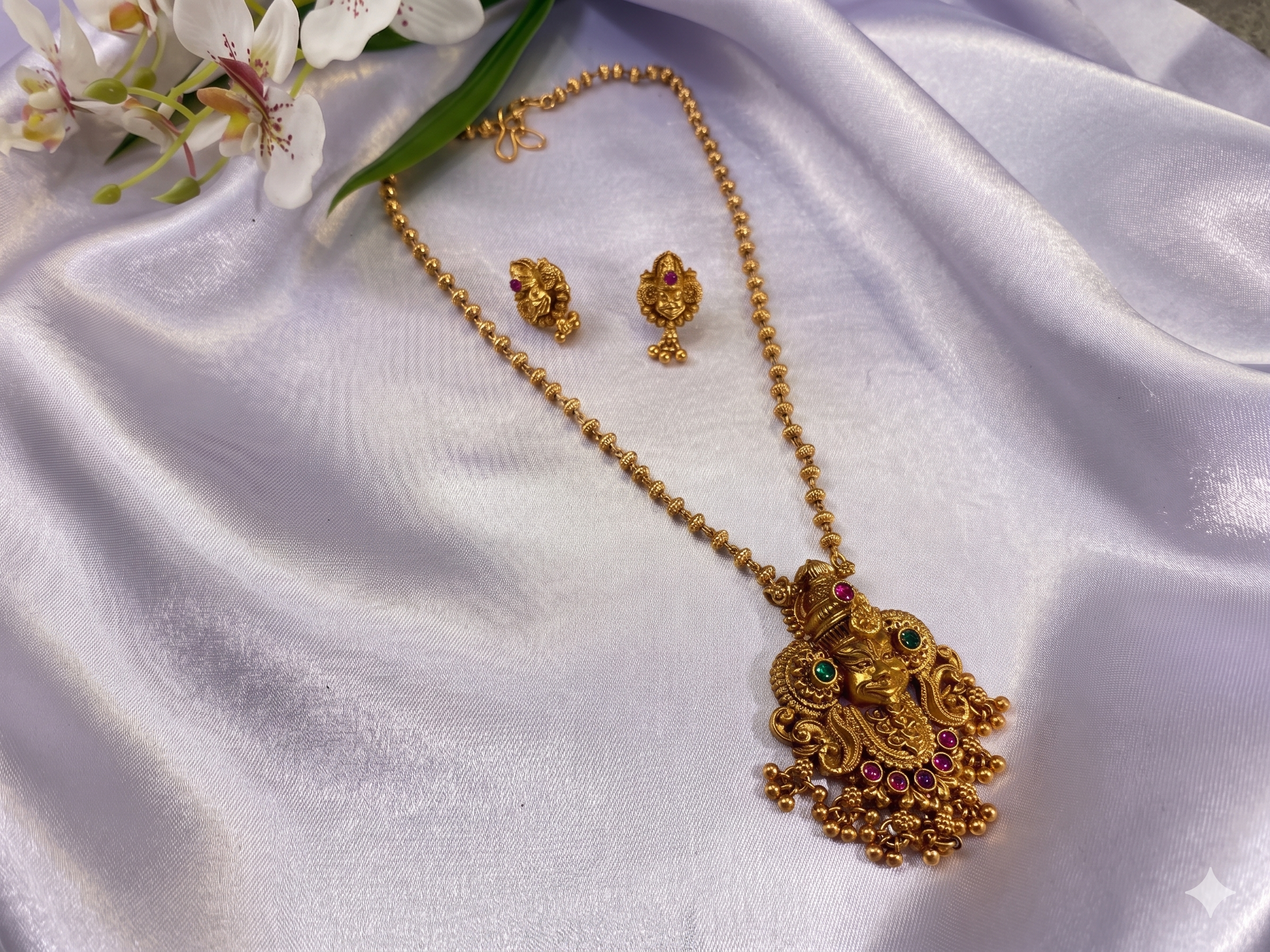 Haaram Antique Matte Gold Lakshmi Pendant Long Necklace Set with Earrings