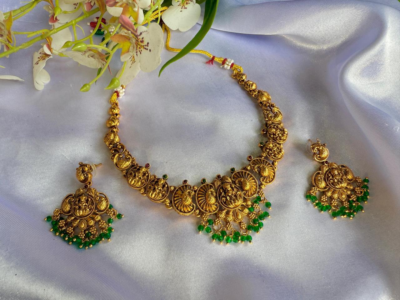 Traditional Antique Lakshmi Green Bead Temple Choker Necklace Set